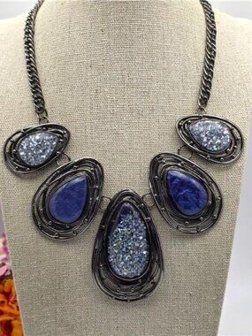 Blue Faux Lapis Faux Druzy Statement Bib Necklace Gunmetal Teardrop 18 In Adj.